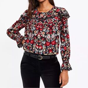 LOFT Forest Ruffle Scalloped Yoke Blouse Boho Floral  Cotton Top Size XL